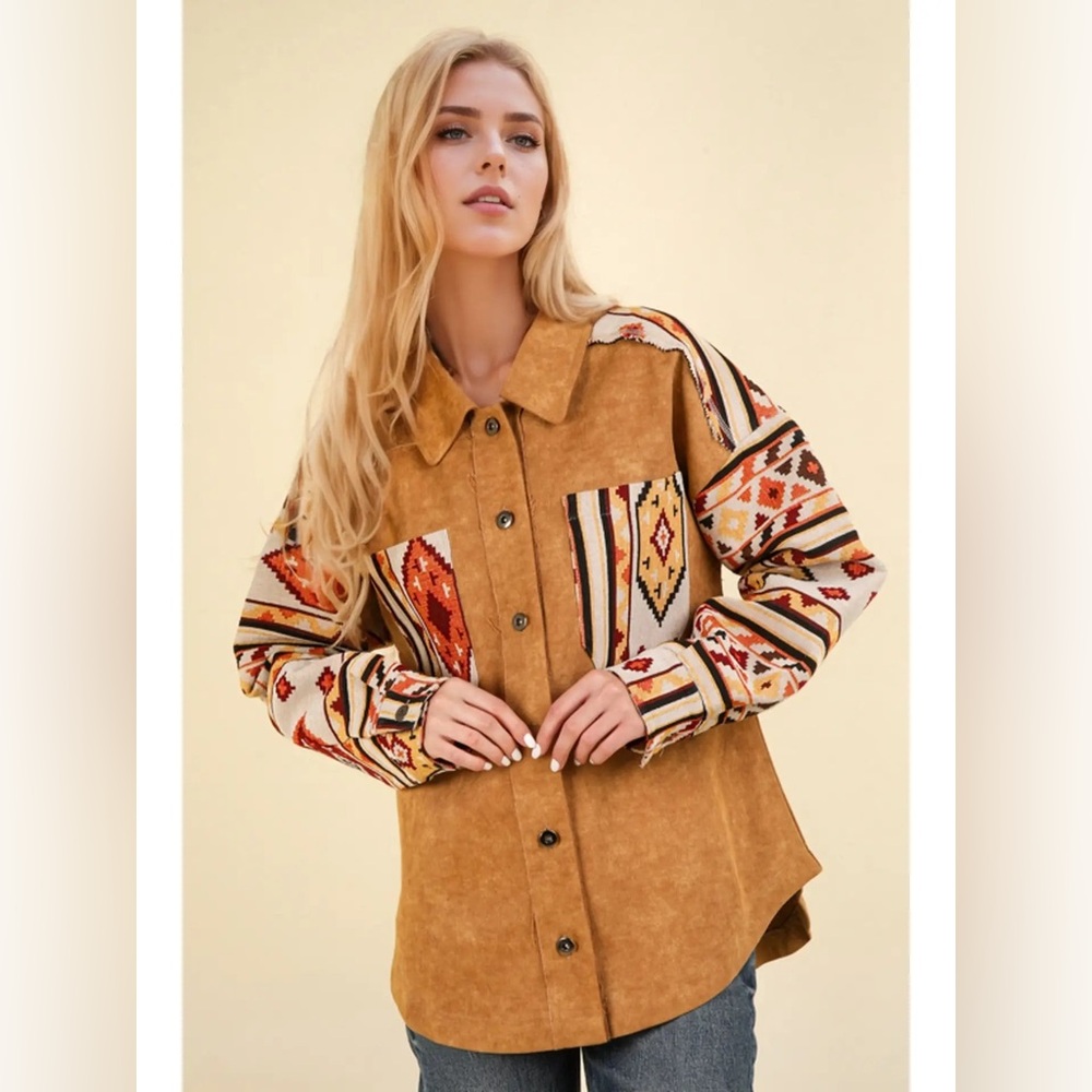$89 NWT New In Aztec western Graphic Oversized Button Down Shacket Jacket L - Picture 1 of 10